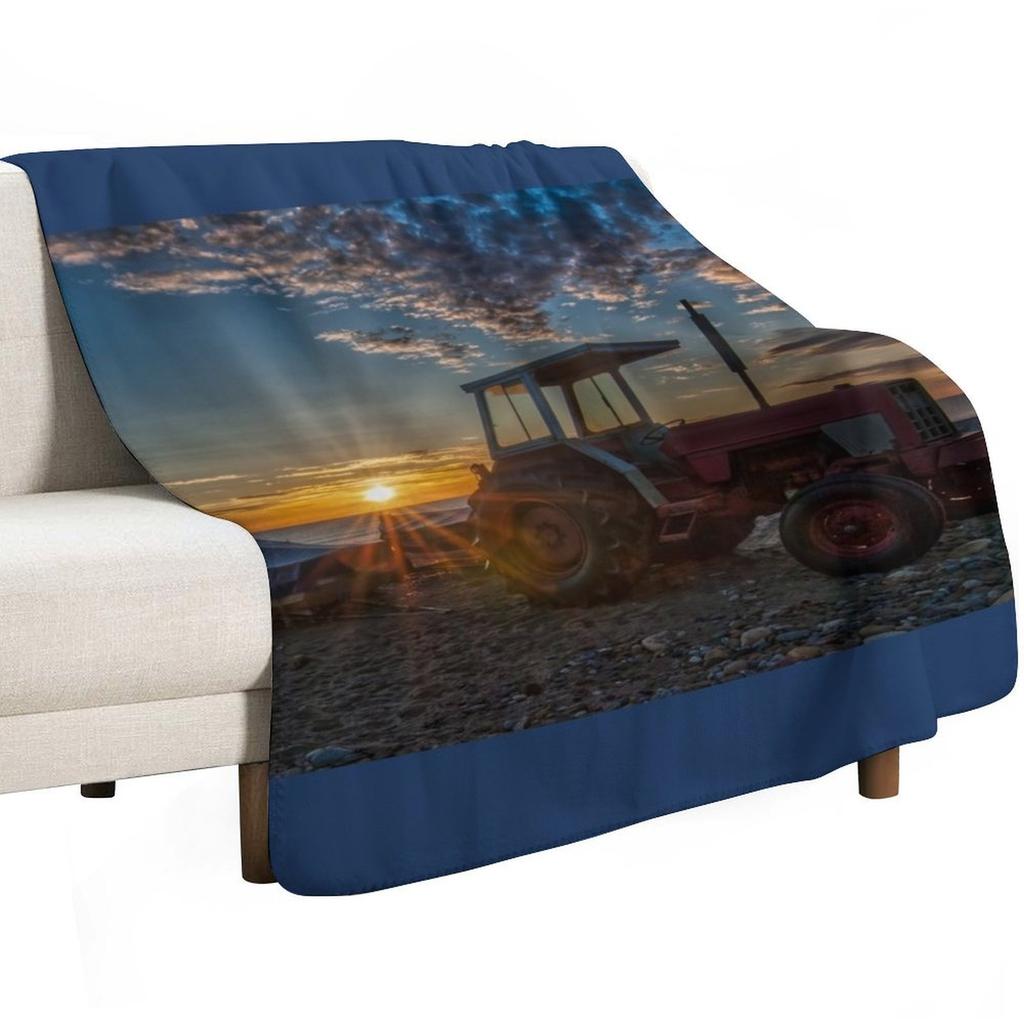 Tractor on the Beach at Sunrise Throw Blanket Reusable Durable Soft Blanket for All Seasons