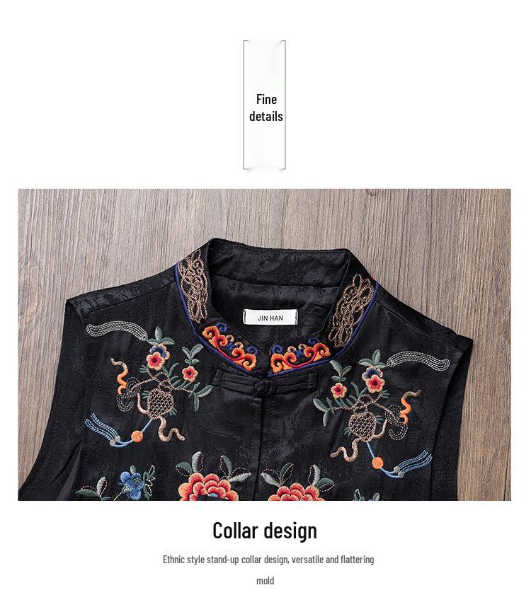 Frühlings-Ethno-Damenweste: Retro Floral Stickerei Mittellange Weste