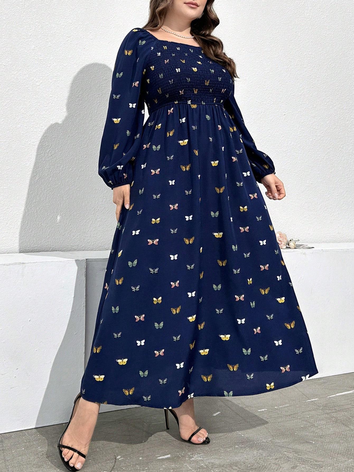 

In Stock: Plus Size Blue Hepburn-Style Butterfly Print A-Line Dress for Women, Slim Fit with Long Sleeves, Ideal for Spring and Autumn. 0XL темно-синього кольору