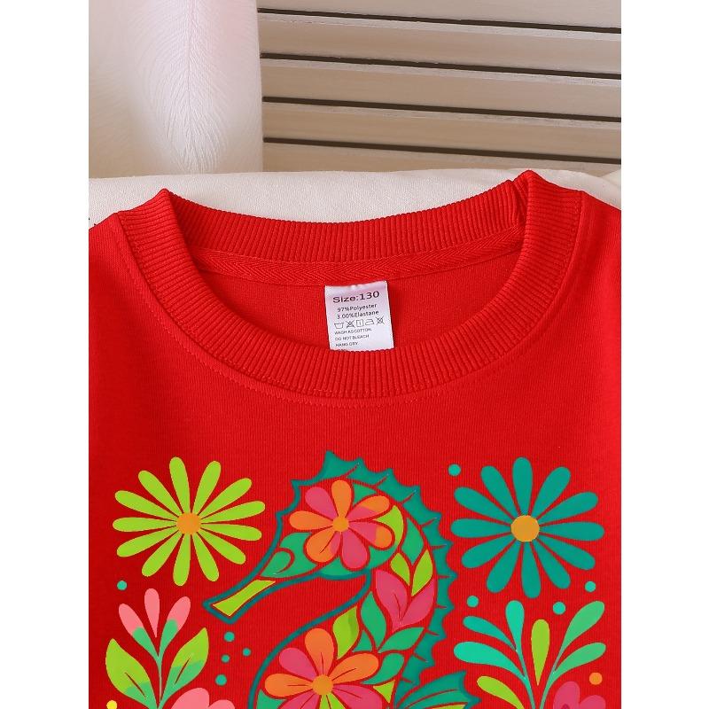 Kids Crewneck Sweatshirt, Colorful Floral Seahorse Creative Print,Daily Casual Top for Spring & Autumn