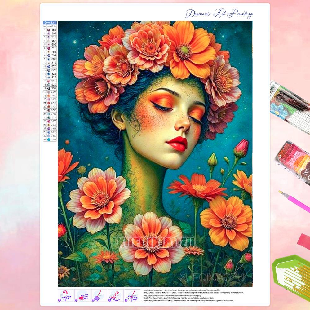 Full Diamond Painting Beauty Girl Flowers Abstract Art Diamond Mosaic Embroidery Rhinestone Cross Stitch Kit Home Wall Decor