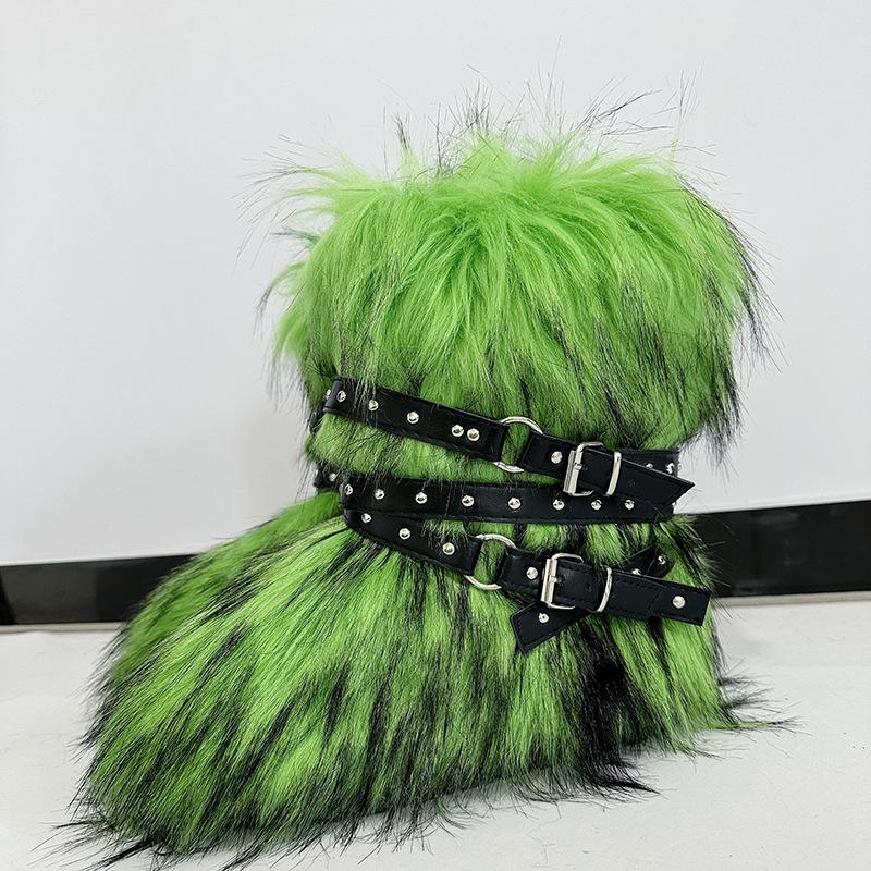 Damen Winterimitat Fuchsfell Stiefel Gürtel Punk Europäisch und Amerikanisch hoher Schaft 40 langer Schaft Schneestiefel Schuhe