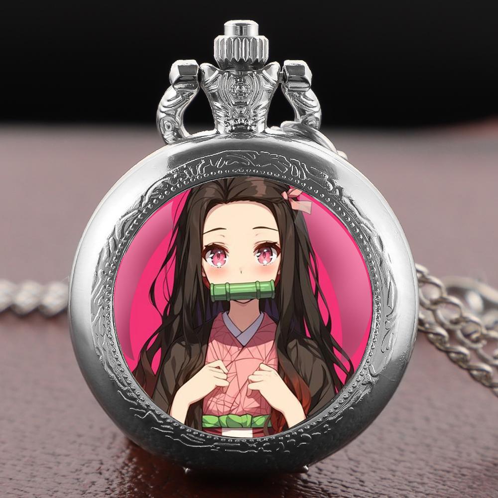 

10pcs/lot Wholesale Anime Biting Bamboo Girl Design Pocket Watch Arabic Dial Necklace Pendant Clock Vintage Gifts for Men Women