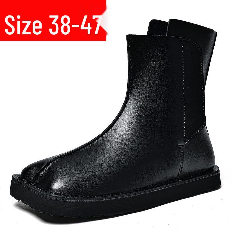 Men's Large Size High-Top Leather Boots: Fashionable Youth, Square Toe, Slip-On Chelsea Riding Boots (Sizes 45-47)