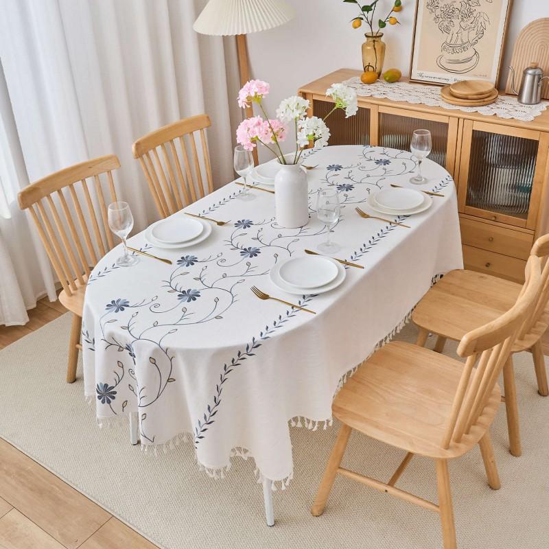 Oval Cotton Linen Blend Embroidered Tablecloth Waterproof Oil Resistant Heat Insulating Durable Coffee Table Dining