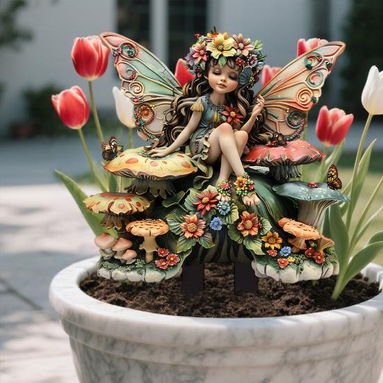 Yousheng Fairy Garden Stake with Wings, Acrylic Elf on Mushroom Outdoor Decoration, Waterproof Plant Ornament for Potted Flowers Yard