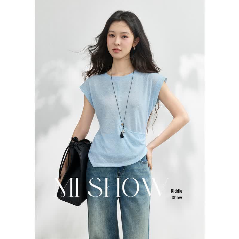 Women s Pleated Waist-Cinching T-Shirt with Tassel L