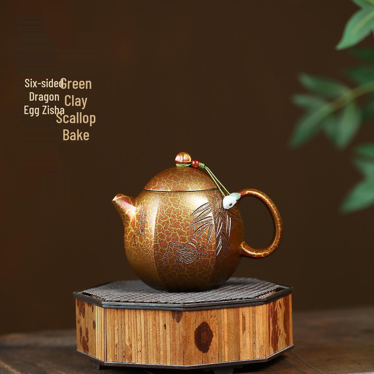 Yixing Zisha Handmade Green Clay Six-Sided Teapot with Fire Cloud Burn - Dragon Egg Design Tea Set