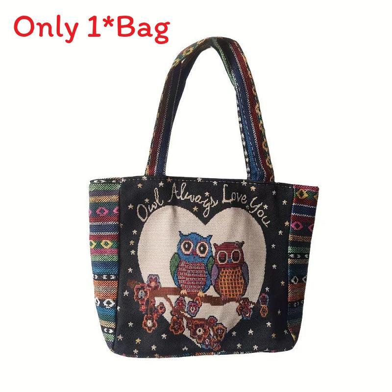 Elephant Embroidered Canvas Handbag With Dual Handles For Casual Daily Use