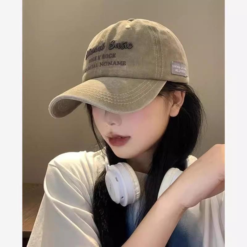 Letter Embroidered Baseball Cap Female American Retro Face-showing Small Peaked Cap Washed and Made Old Big Head Circumference Wide Brim Hat