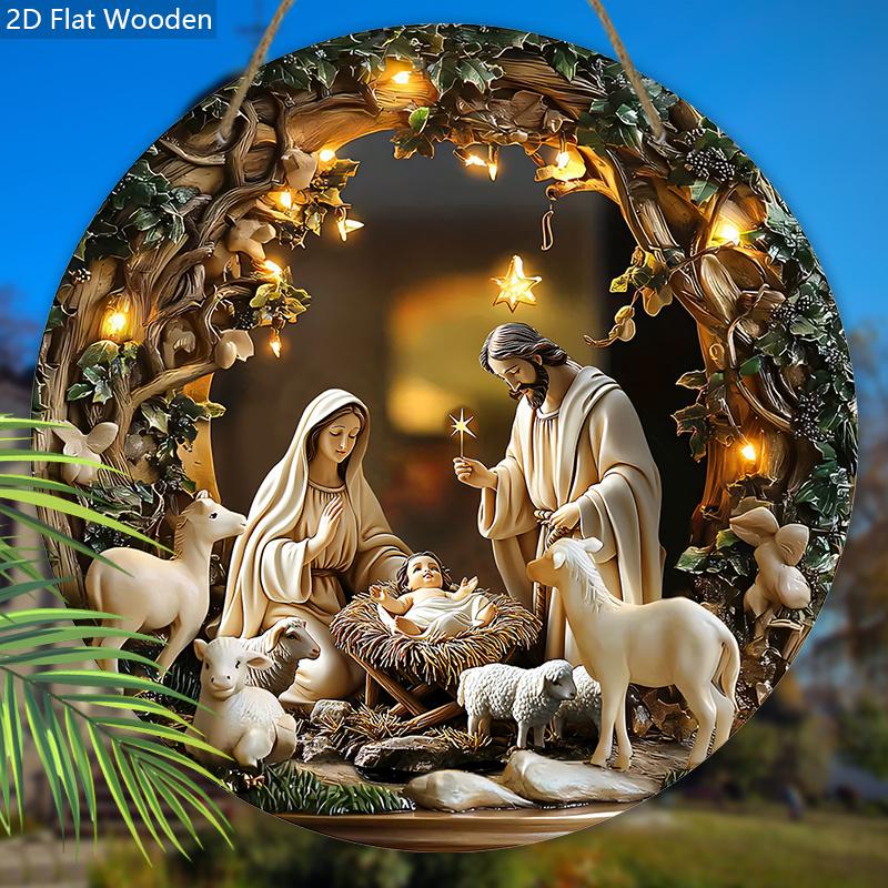 Nativity Scene Wooden Sign, Jesus Chases The Lost Lamb Round Sign for Front Door Wall Hanging Decor, Ideal Christmas Ornament