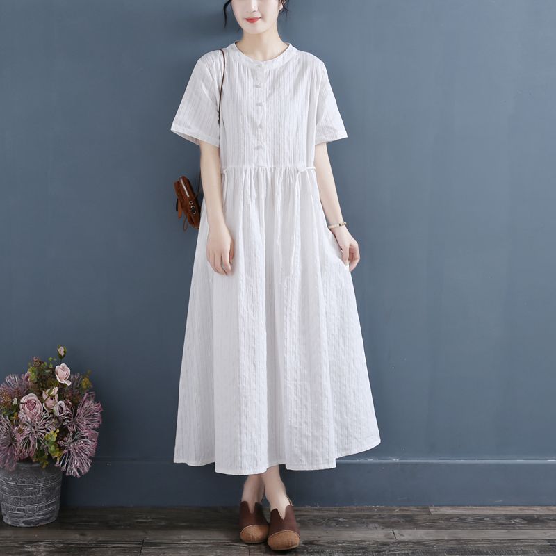 

2025 лето новое ретро платье-веер с воротником-стойкой и короткими рукавами из хлопка и льна, женское свободное и тонкое однотонное платье средней и длинной длины L белый