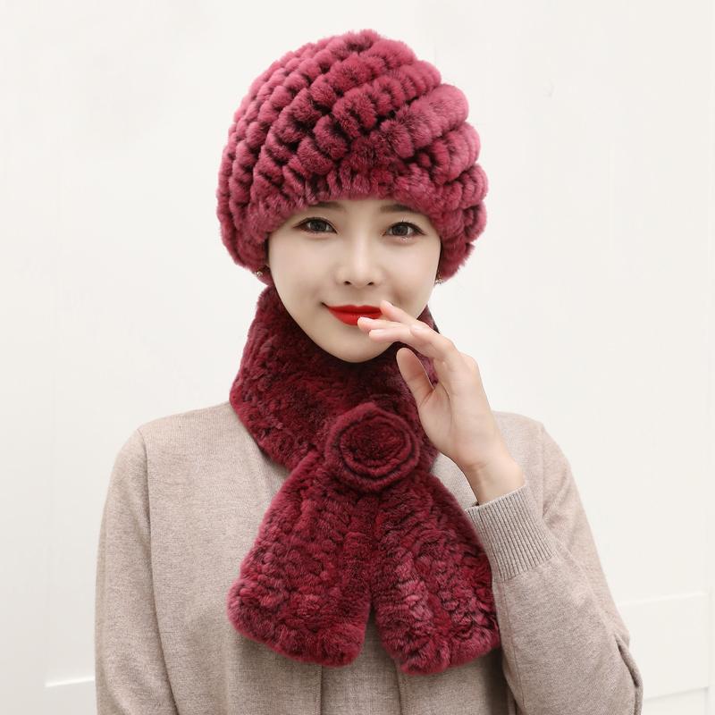 

Зимние вязаные шапки из 100% натурального меха, шарфы, комплекты, женская теплая шапка из натурального меха кролика Рекс, шарф, женская модная толстая шапка из меха кролика Рекс Good elasticity cg красный