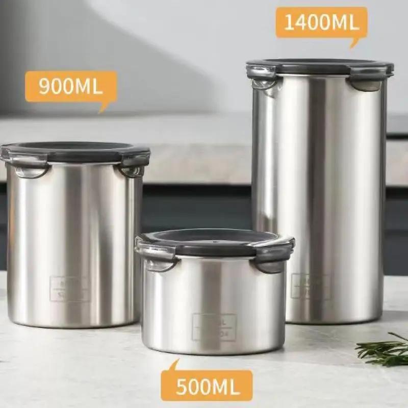 Storage Jars 500/900/1400ml Stainless Steel Sealed Container Jar Kitchen Barrel Organizer For Fresh Grain Vegetable Coffee