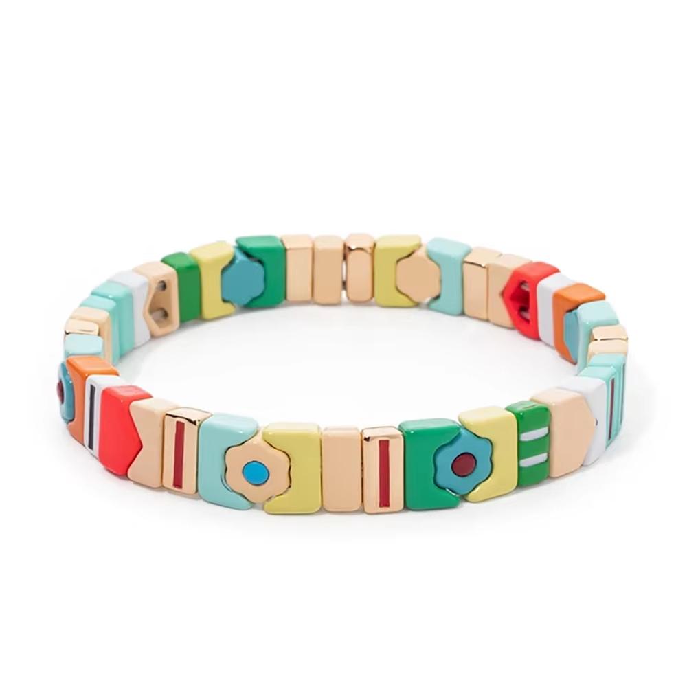 New Fashion Deil Eye Enamel Bangle for Women Colorful Beaded Boho Rectangle Shape Hand Accessory