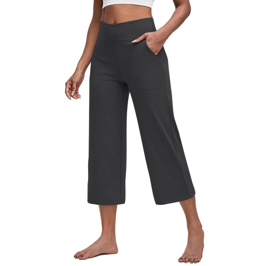 Women Elastic High Waist Casual Fit Wide Capris Leg Pants Yoga Leggings Soft Gym With Pockets