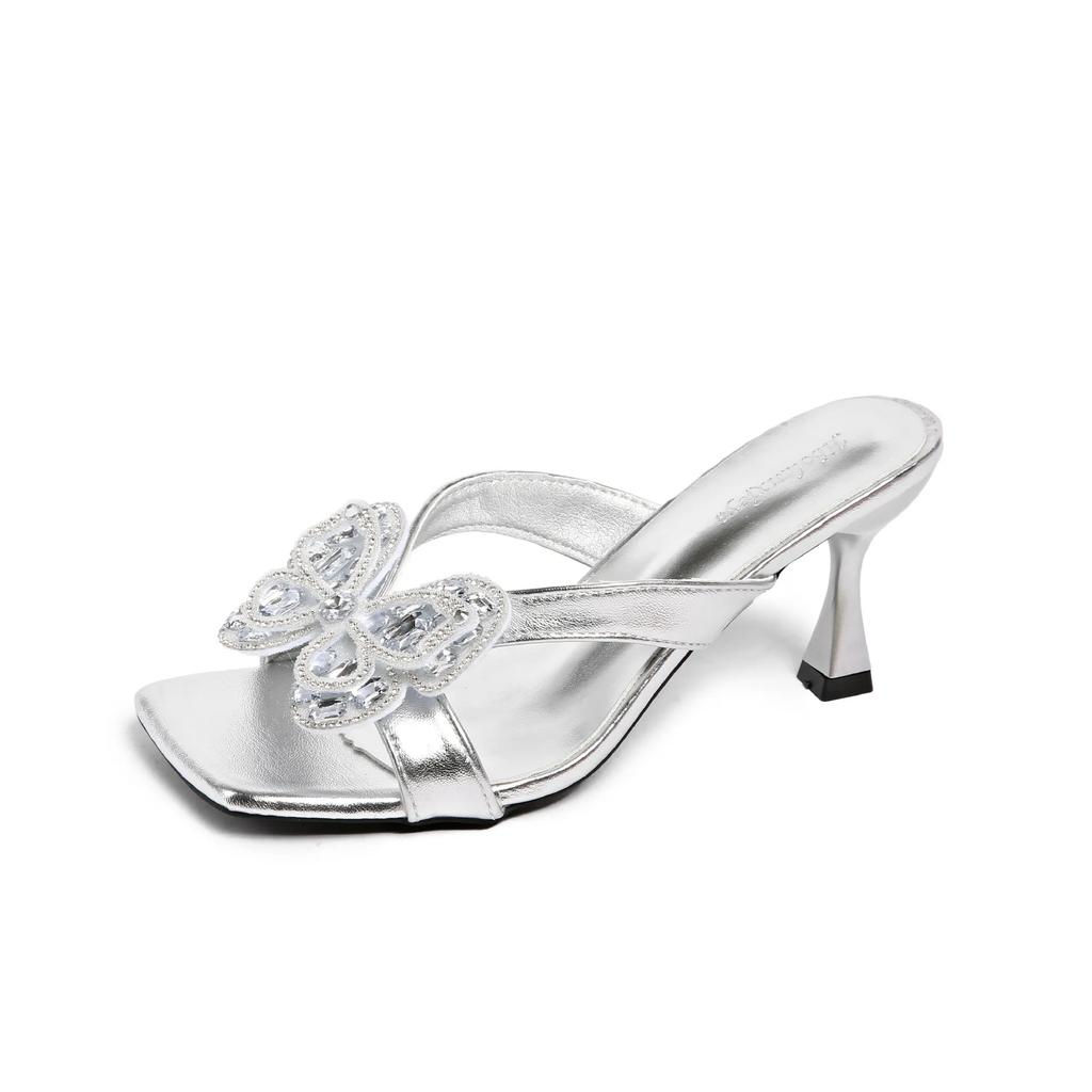 Fashionable Women's Summer Slippers Square Head Thin Heel Outdoor Wear PU Leather Rubber Bottom Ladies Slip-On Shoes