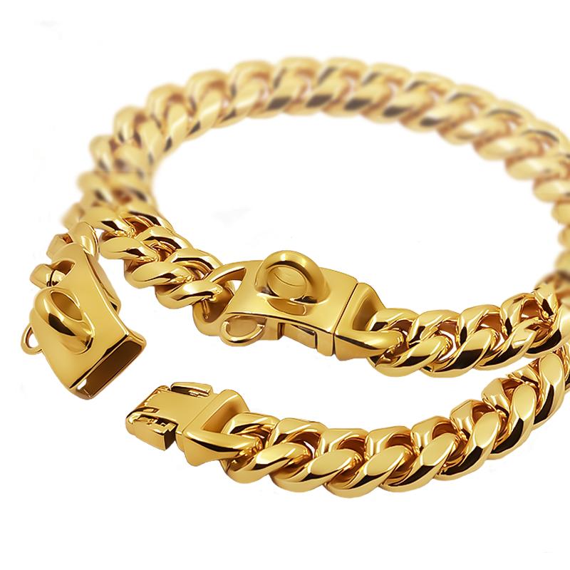 Metall-Hundehalsband Edelstahl Haustier-Choker Gold Cuban Link Kette 14mm Breit Leine für Kleine Mittlere Große Hunde Haustier Zubehör