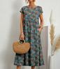 Large Cotton Linen Printed Summer Dress - Women's Loose Fit, Round Neck with Pockets.