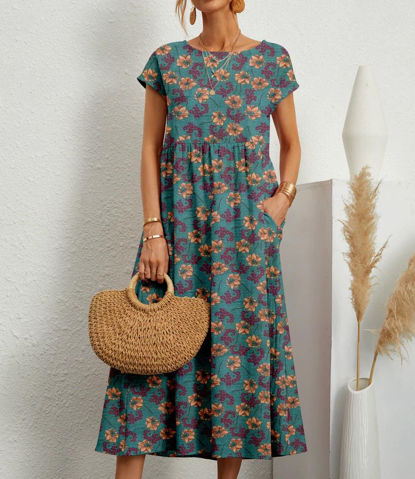 Large Cotton Linen Printed Summer Dress - Women's Loose Fit, Round Neck with Pockets.