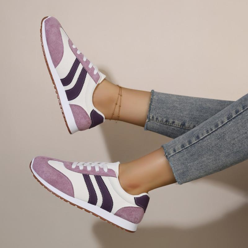 Women's Leather Color-Blocked Breathable Flat Lightweight Casual Running Sports Shoes, Available In Large Sizes.