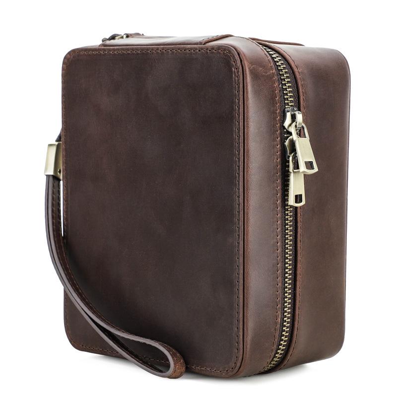Retro Crazy Horse Genuine Leather Travel Storage Box for Glasses, Watches, and Jewelry - Drop-Proof and Multifunctional