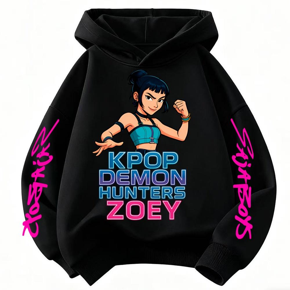 Rumi Cute KPop Demon Hunter Cartoon Girls Hooded Sweatshirt Warm Children's Wave Fashion Casual Tops Black Pink Clothing