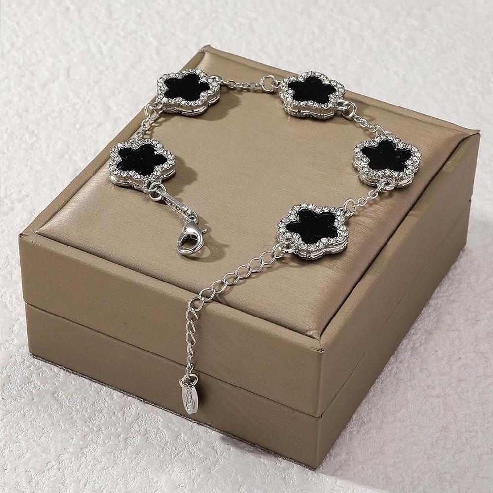 Double Sided Women's Hand Bracelets Elegant Clover Bracelet Alloy 5-Petal Rhinestone Inlaid Suitable For Women's Daily Wear