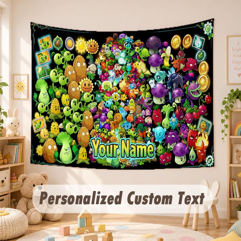 Custom Name Text Tapestry,Plants vs. Zombie Boho Wall Hanging, Decorative Backdrop Tapestry For Room