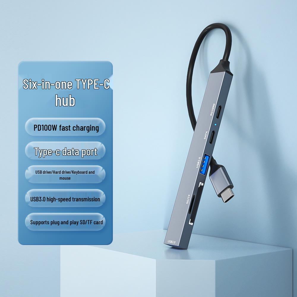 Type-C 6-in-1 Expansion Dock: USB 3.0, TF/SD Card Reader, 100W PD Power Hub