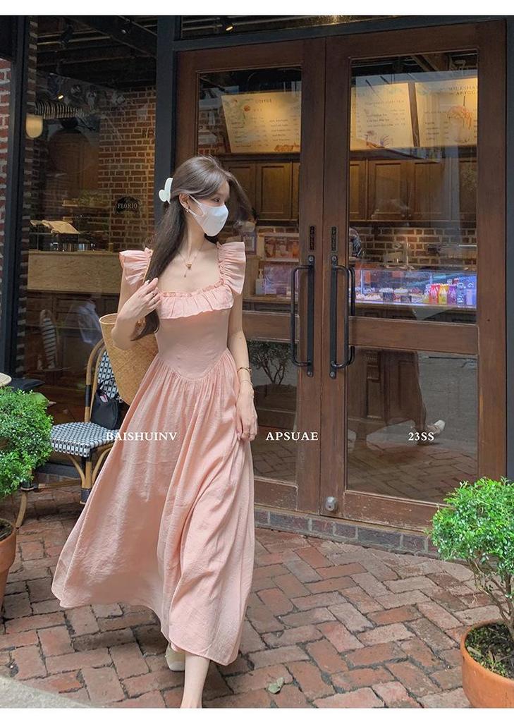 Women's Sweet Pink Ruffle Sleeve Square Neck Cinched Waist Long Dress - Summer 2026