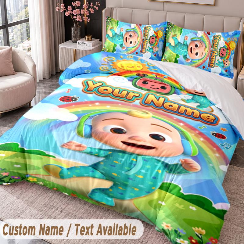 Custom Name Text 3Pcs Bedding Set Cocomelon Duvet Cover And Two Pillowcases