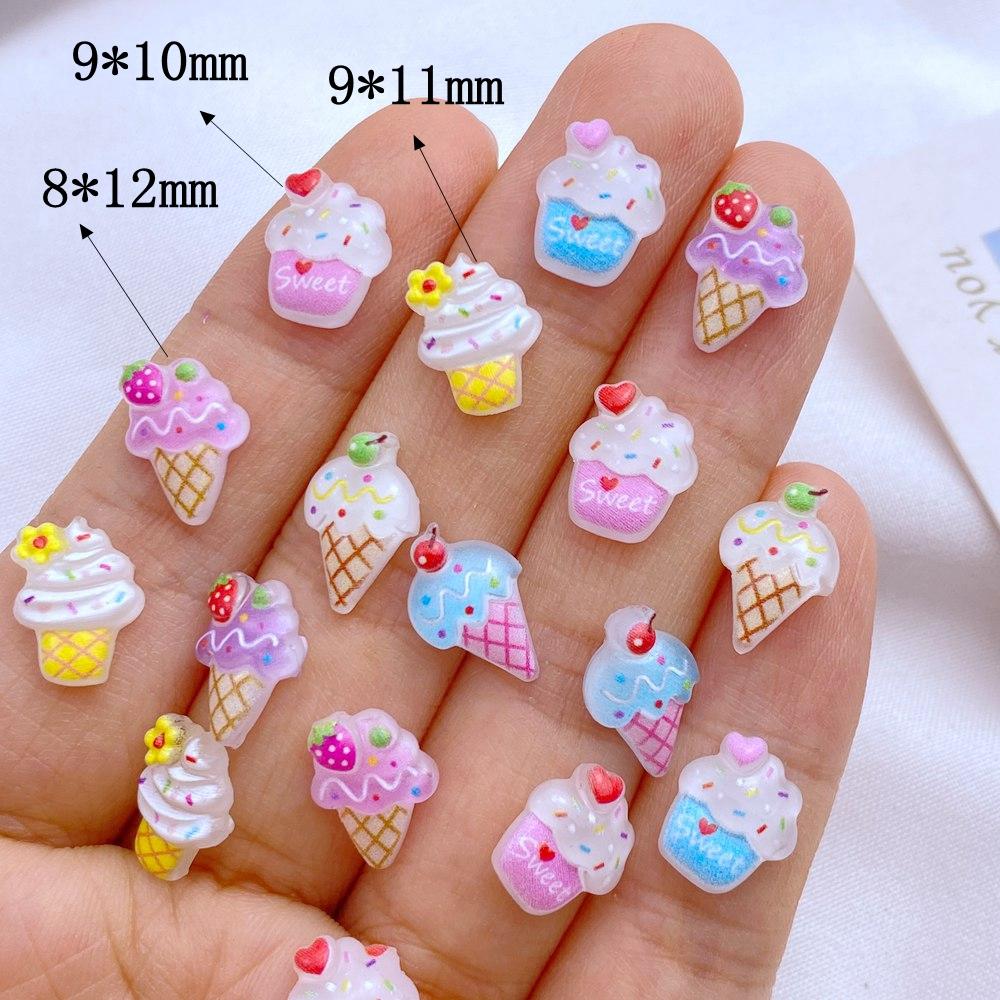 50 Peças Novas Fofas Resina Mini Sorvete, Série Bolo Parte Traseira Plana Manicure Enfeites Para Laços de Cabelo Acessórios