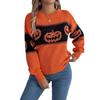 Autumn and Winter Women's Halloween Theme Pumpkin Head Clashing Colours Knitted Long Sleeve Pullover Sweater