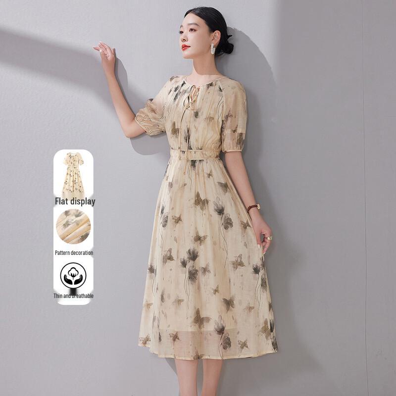 Hangyige Tencel Linen French Style Printed A-Line Dress M