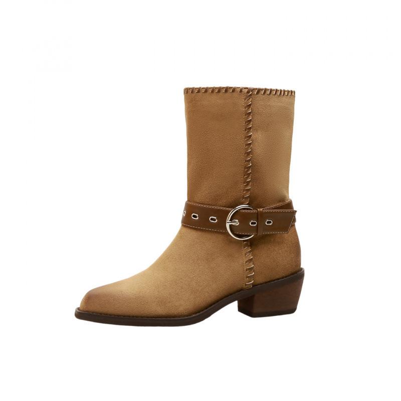 Cowhide~ Genuine leather retro square-headed Martin boots women's high-heeled locomotive boots temperament folded thick-heeled western cowboy boots