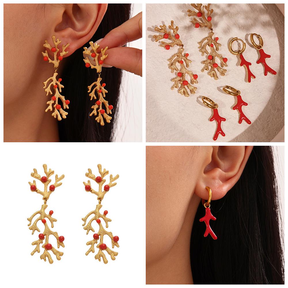 18k Gold-Plated Delicate Coral Red Bead Earrings with Stainless Steel for Women