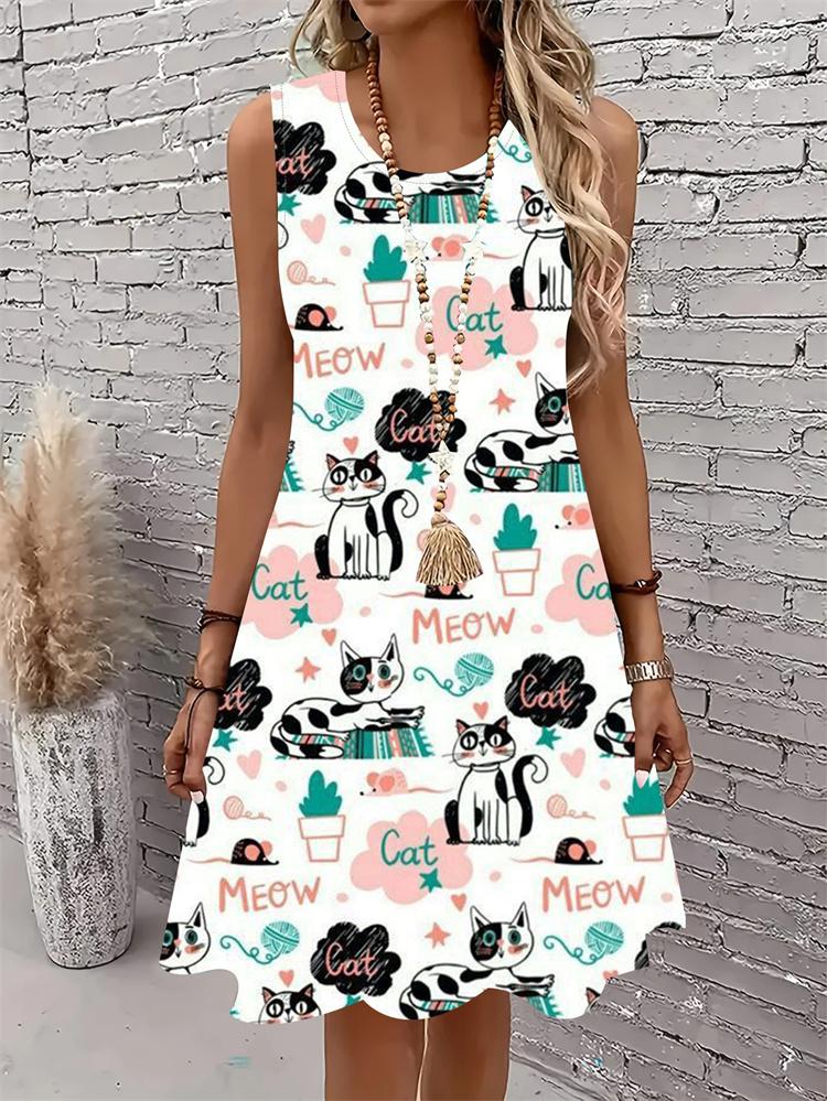 Lässiges Damen Tanktop-Kleid Sommer Ärmellos O-Ausschnitt 3D-Druck Locker A-Linien-Kleid Strand-Westenkleid