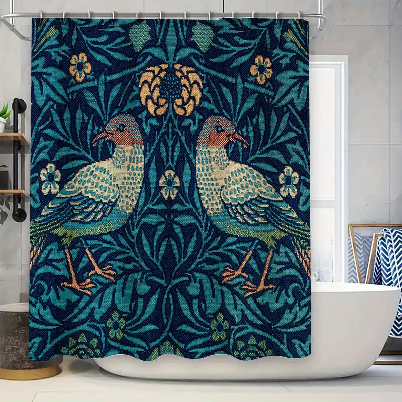 

High-Quality Jacquard Shower Curtain With Blue Floral Design For Bathroom Decor Modern, Waterproof Fabric, Durable, Easy Install 90X180CM