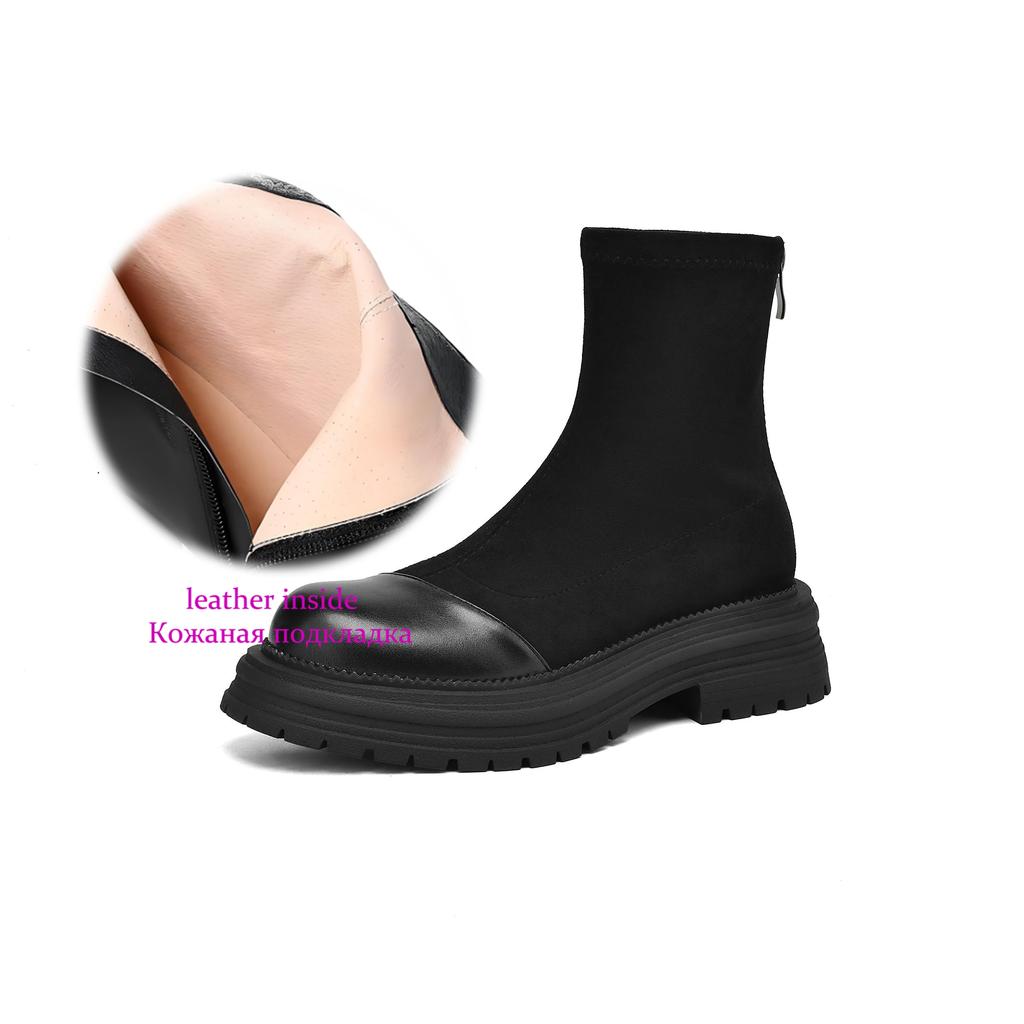 Krazing Pot Microfiber Flock Autumn Winter Shoes Thick Med Heels Size 43 Modern Boots Stretch Ankle Boots