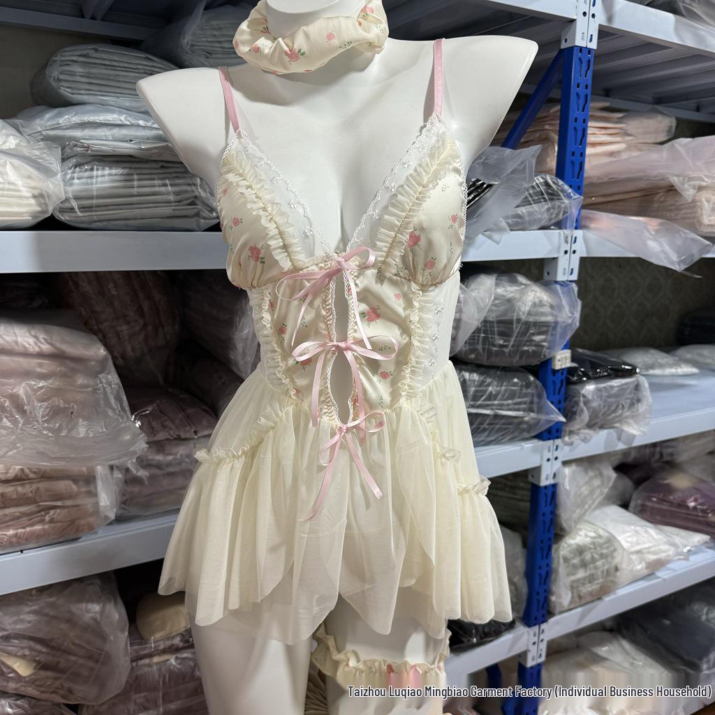 50970 Floral Mesh Nightgown with Bowknot and Removable Pads