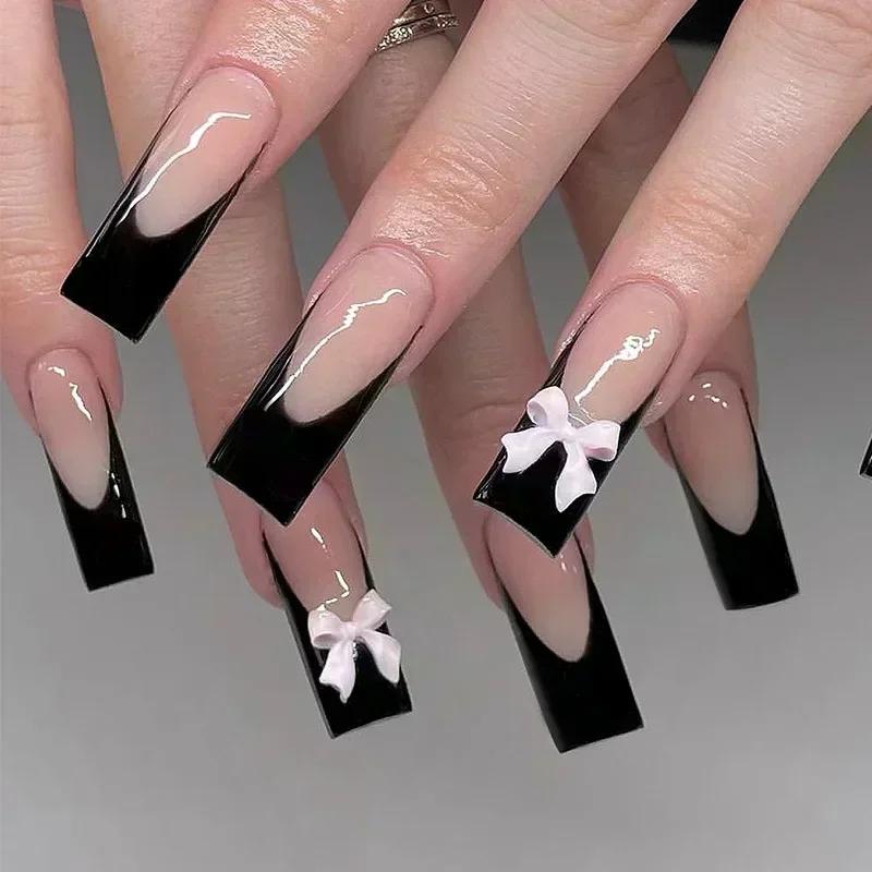 24 Pcs Pink French Tip Star Long Coffin False Nails Ballet Wearable Full Cover Press On Nail Tips Art