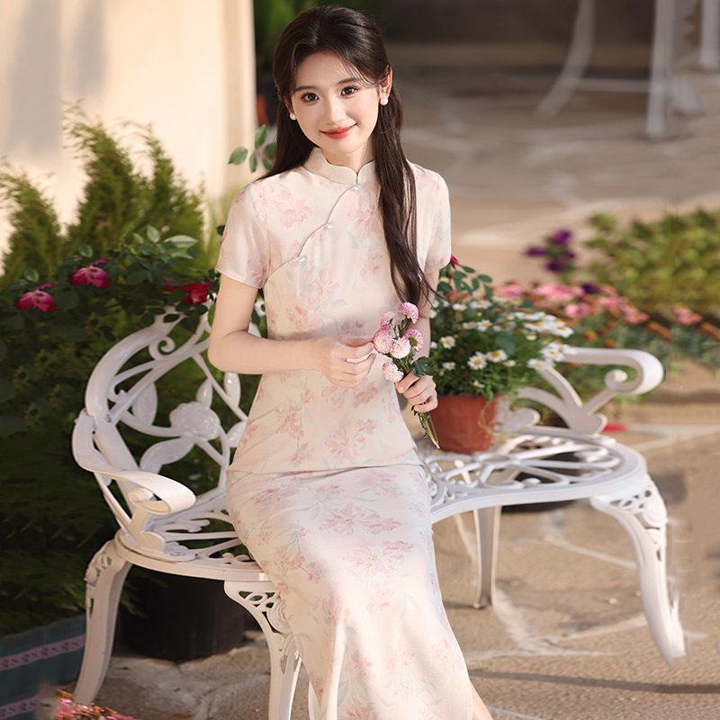 Pink national style new Chinese style Suzhou daily long cheongsam improved young 1011 new women's high sense summer