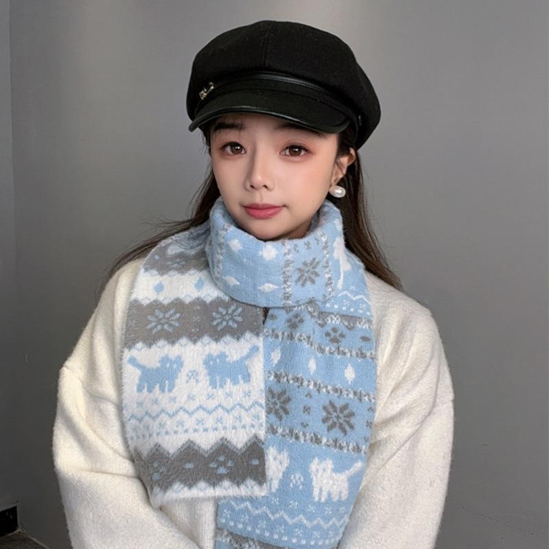 Fair Island wind cute cat double-sided knitted scarf female autumn and winter warm college wind versatile scarf windproof and cold