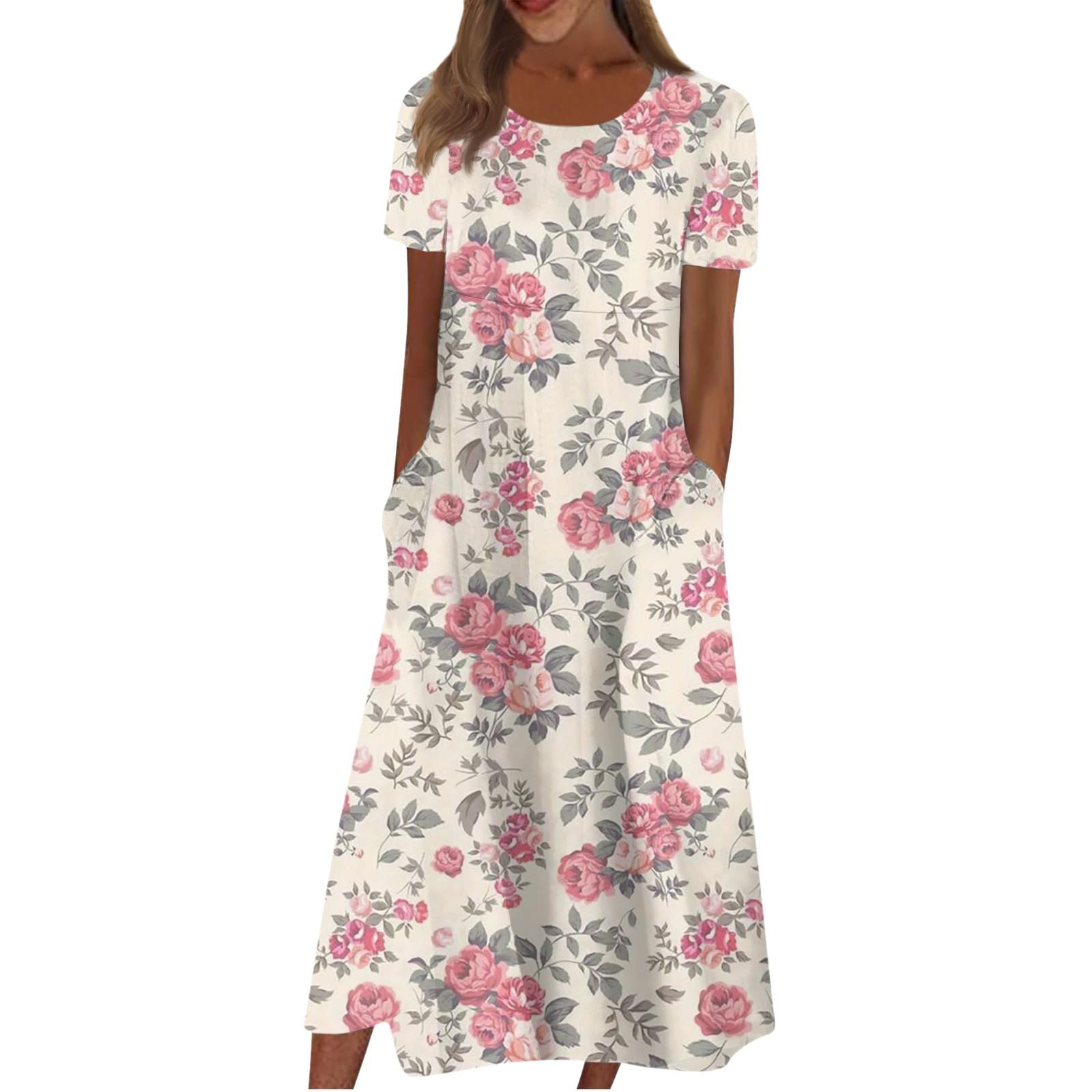 

Women s Casual Dresses Printed Dresses Summer Dresses Printed Pleated Round Neck Midi Dresses Basic Classic Outdoor Daily Short Sleeve Loose Dresses XL