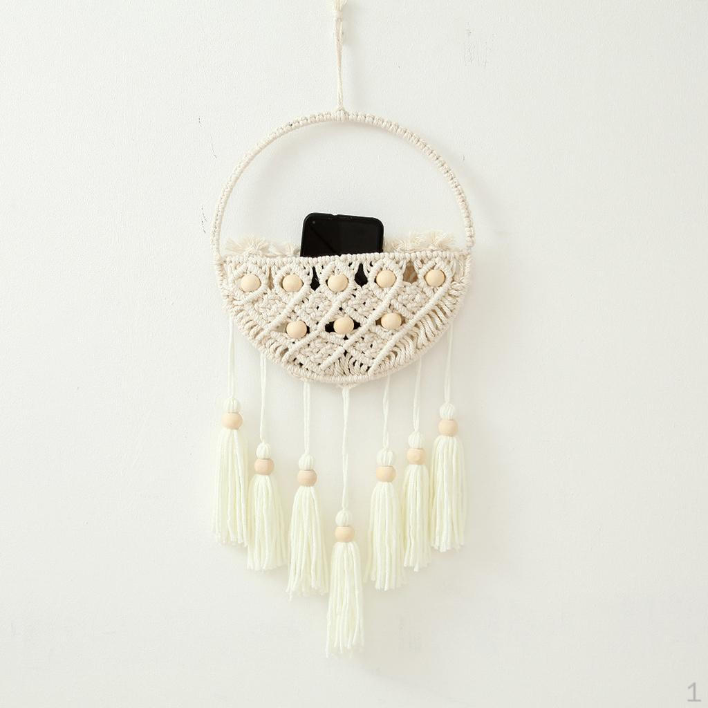 Beige Macrame Wall ing Handmade Tapestry Window Pocket Geometric art of Mail Holder Basket Entryway