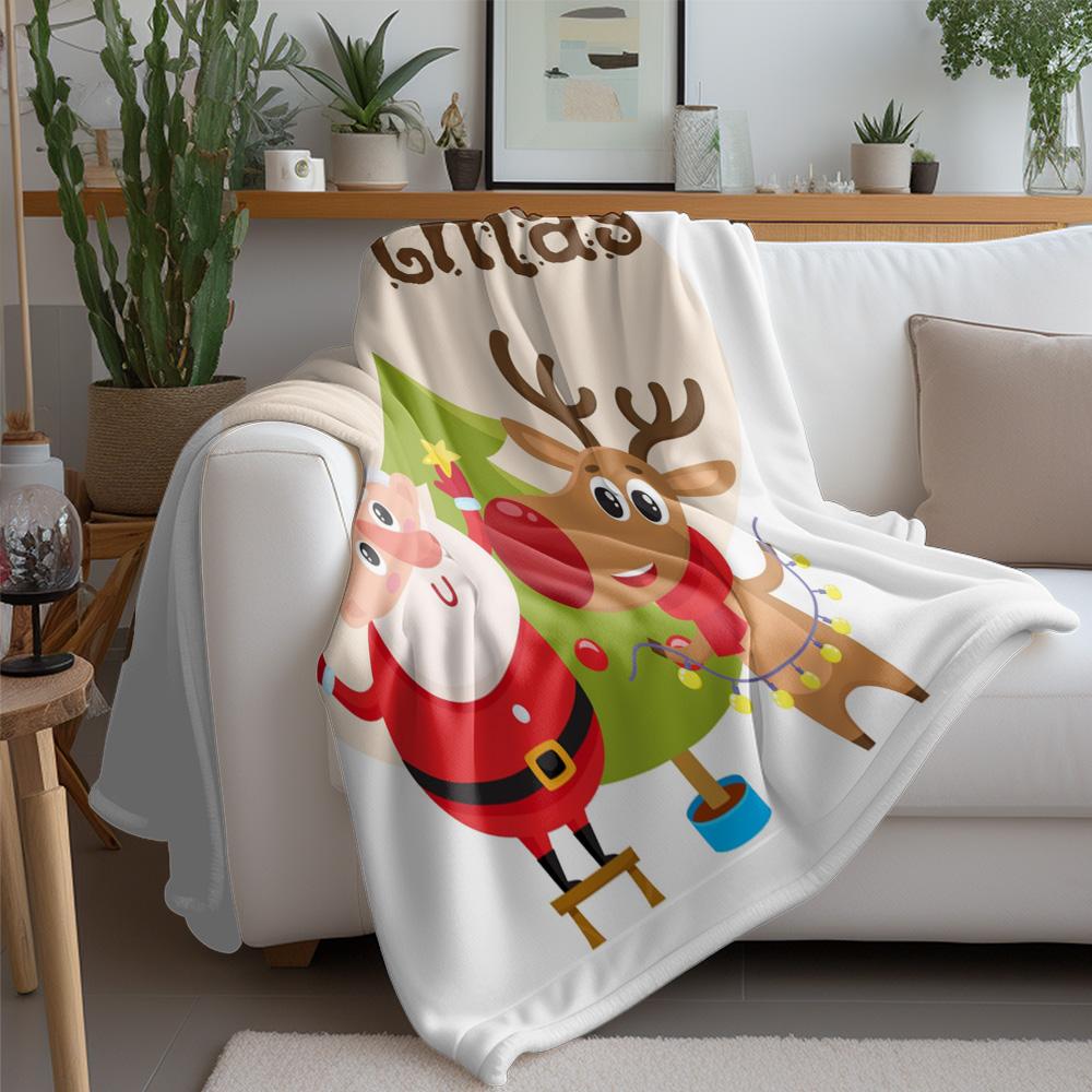 Christmas Throw Blanket Santa Claus Reindeer Festive Holiday Cozy Warm Soft Plush Bedspread Decor Gift
