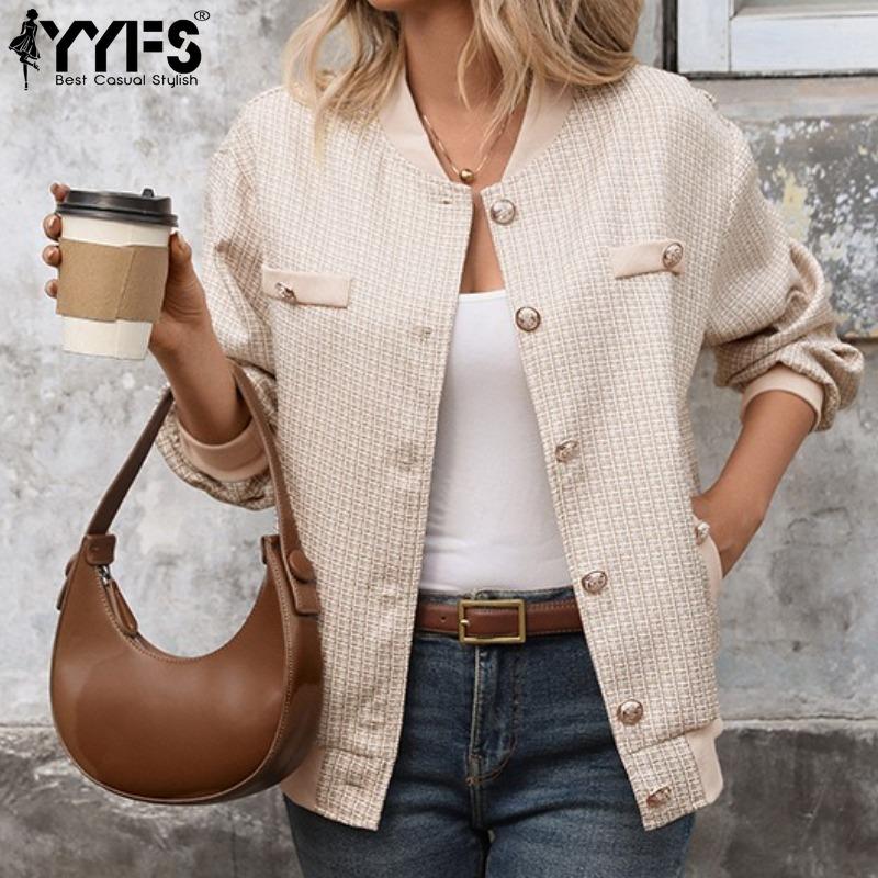 YYFS Women's Fashion Casual Plaid Print Autumn Winter Long Sleeve Jackets & Coats