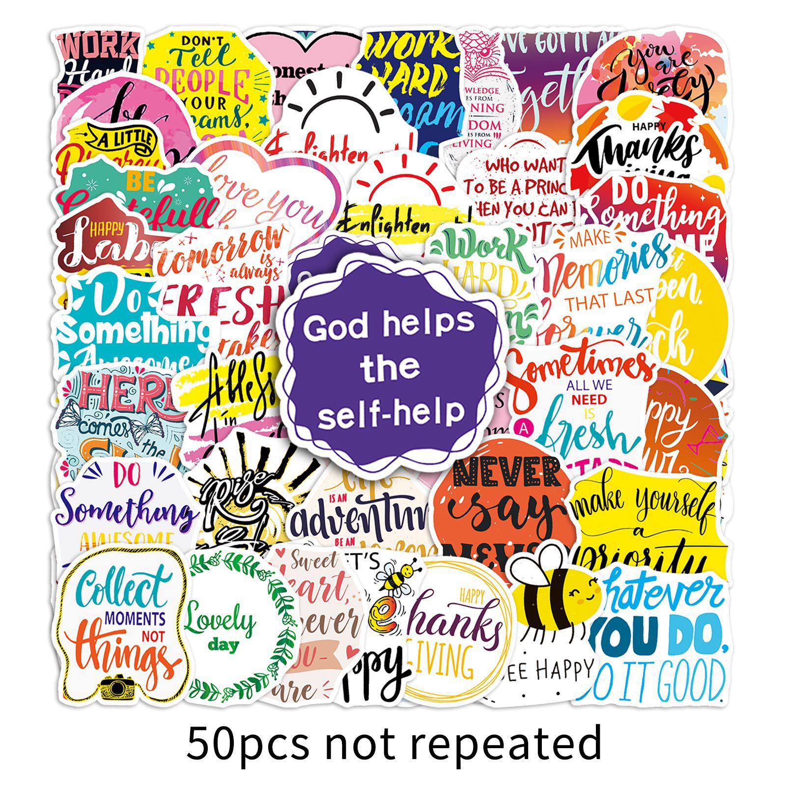 Pack of 50 Removable Motivational English Stickers for Suitcases, Notebooks, and Journals