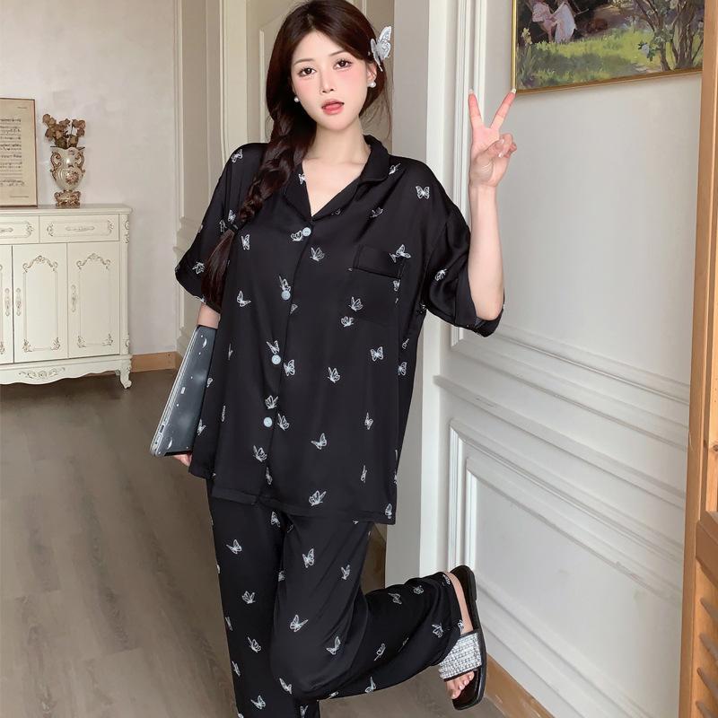 French Silver Butterfly Ice Silk Pajamas Women'S Thin Summer Short-Sleeved Trousers Cool Loungewear Real Shot